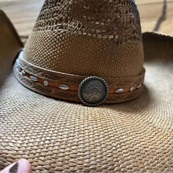 New Saddleback Western festival Cowboy concert paper straw leather silver hat - Picture 2 of 11
